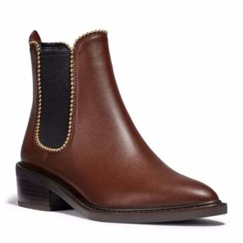COACH Bowery Leather Beadchain Chelsea Brown Walnut Booties Size 6